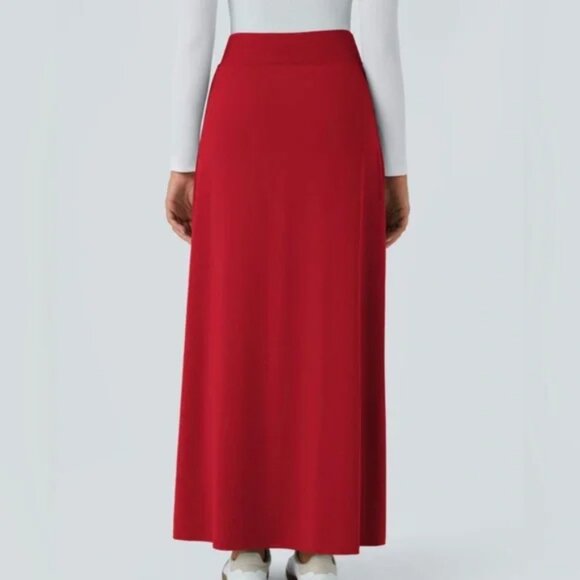 ✨ Halara High Waisted Decorative Buckle Split 2-in-1 Maxi Casual Skirt XL Red ✨ - Picture 3 of 6